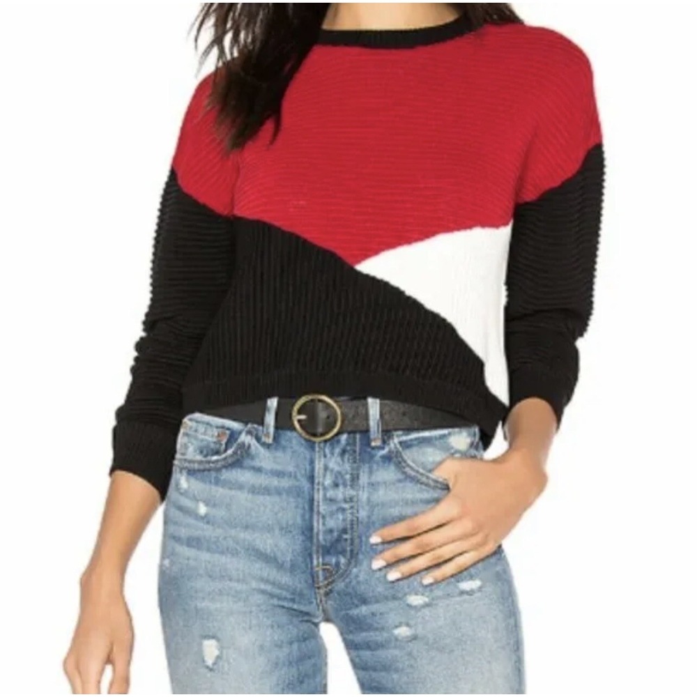 REBECCA MINKOFF RED, BLACK & WHITE RIBBED CROP GEOMETRIC COLOR BLOCK TOP Sz M